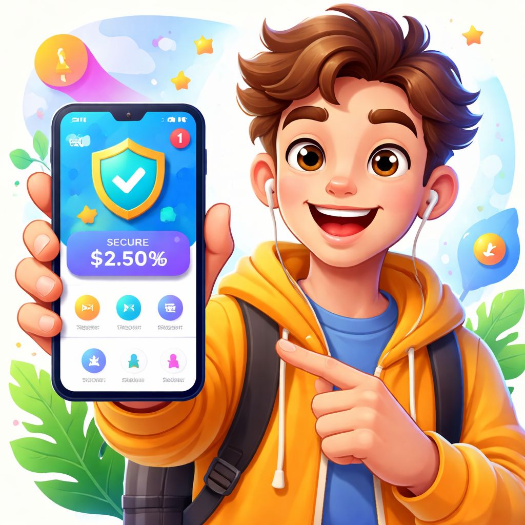Cartoon-style mobile app character with smartphone, secure icons, and bright interface elements