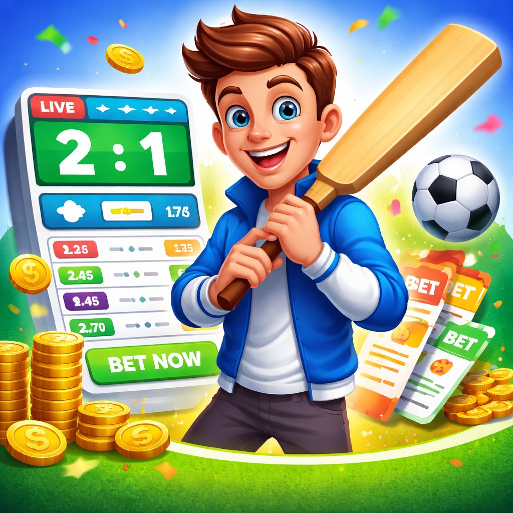 Cartoon sports betting scene with energetic character, match board, and coins