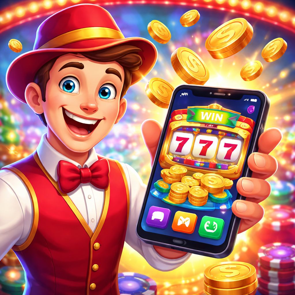 dhaka64 themed cartoon casino character with coins and mobile gaming elements