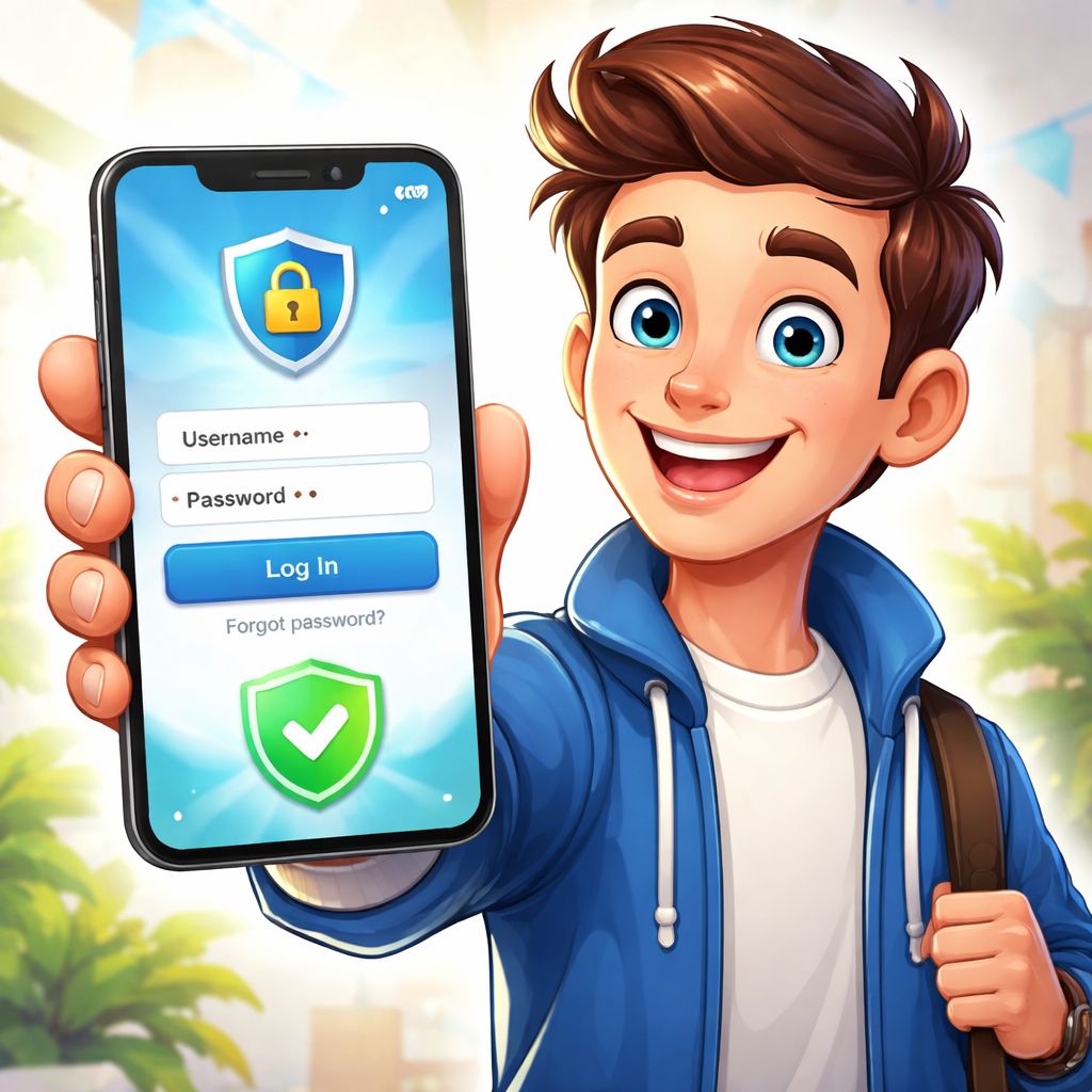 dhaka64 themed cartoon character using a smartphone login screen